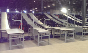 U-Shaped workstations integrated with a conveyor system.