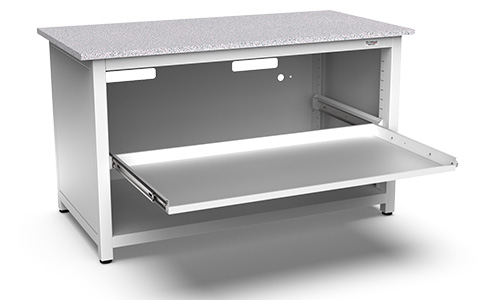 Storage workstation with  pull-out tray in extended position.
