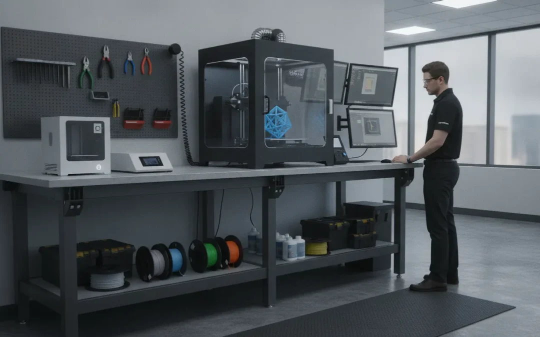 3D printer workstation with steel frame, filament storage, tools, and multiple monitors.