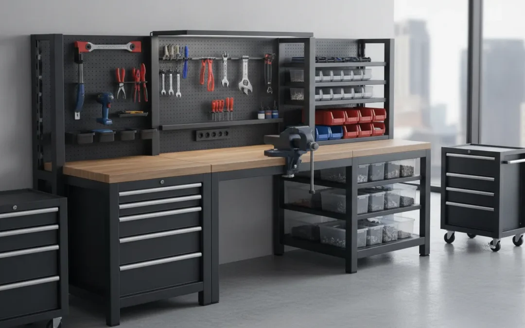 Modular workbench with pegboard, tool storage, drawers, and bins.