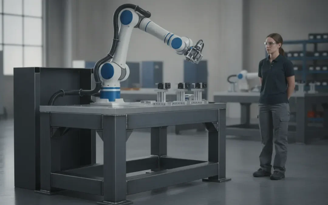 Collaborative robot mounted on a welded steel workstation in an industrial cell