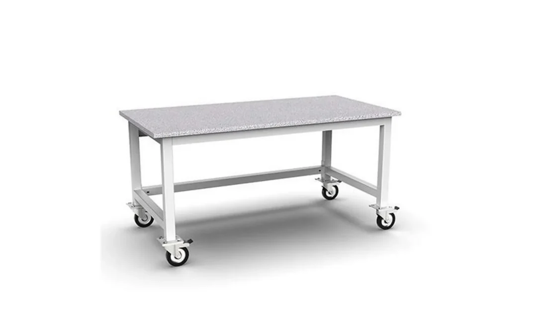 Mobile industrial workstation with a sturdy frame and shelves in a clean production space