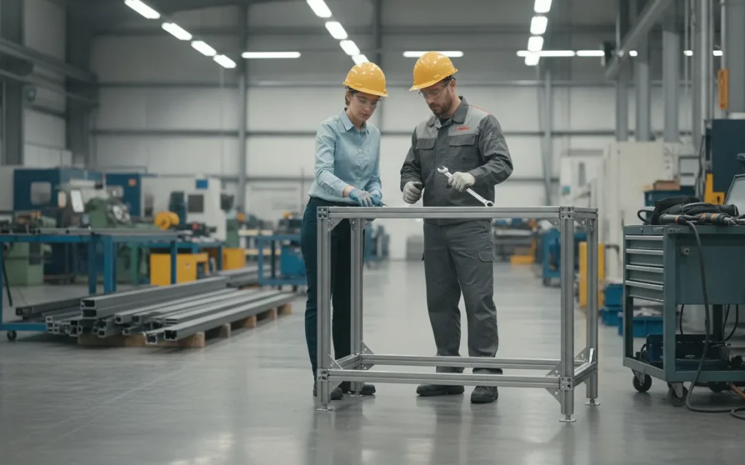 Engineer and technician reviewing a workstation frame in a manufacturing shop